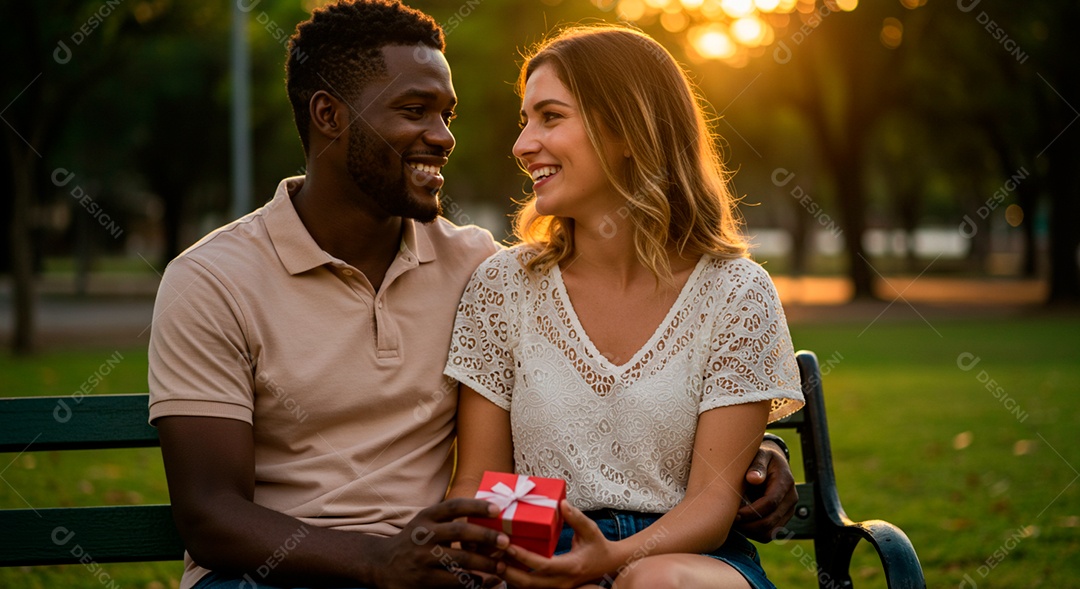 Lindo casal felizes jovens em um parque sentando sobre banco de madeira