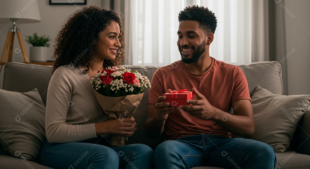 Lindo casal felizes se preseteando em aniversário de namoro