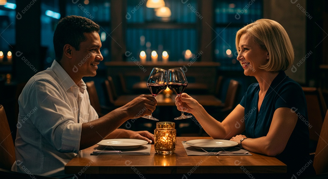 Lindo casal felizes em um restaurante em uma linda noite