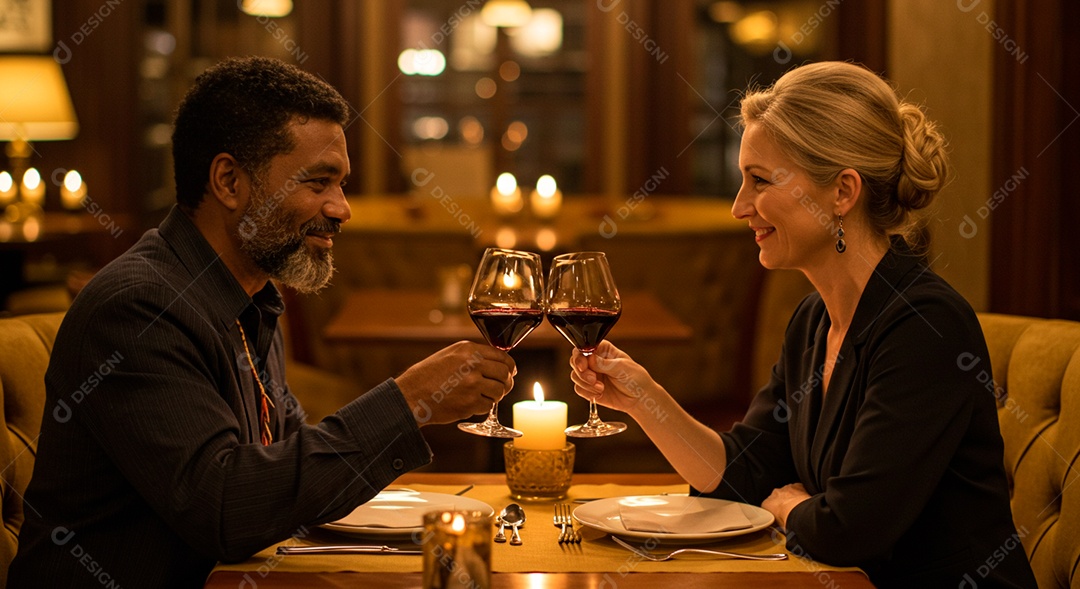 Lindo casal felizes em um restaurante em uma noite romântica