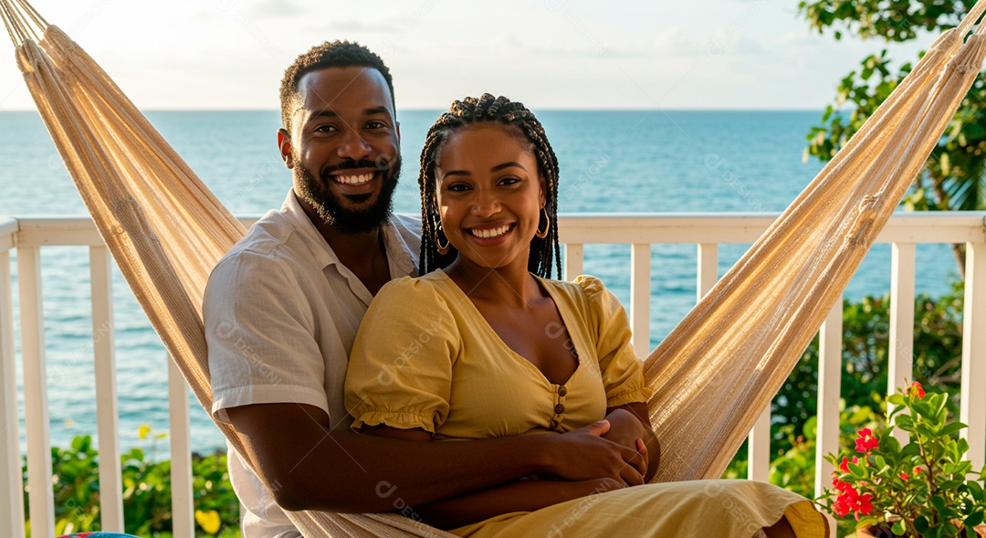 Lindo casal felizes sentados em uma rede sobre fundo uma linda praia