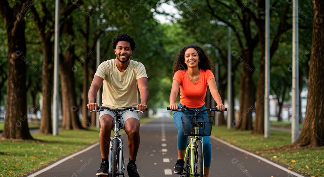 Lindo casal felizes andando de bicicleta em um parque