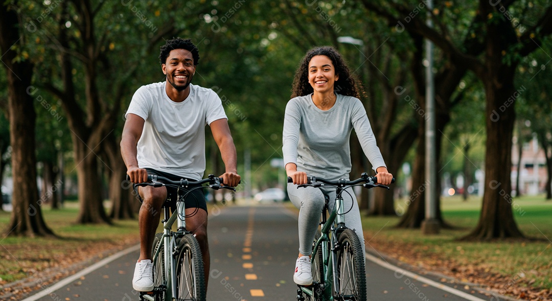 Lindo casal felizes andando de bicicleta em um parque