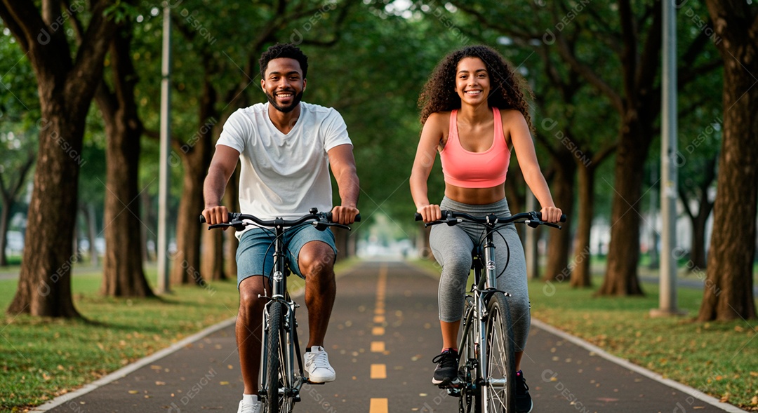 Lindo casal felizes andando de bicicleta em um parque