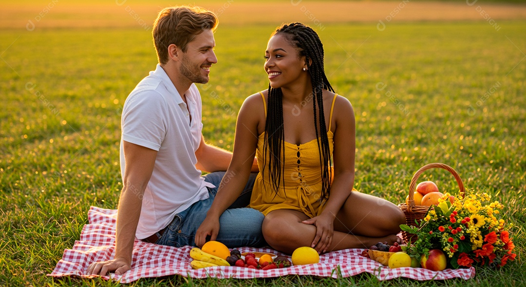 Lindo casal felizes em um parque fazendo piquenique