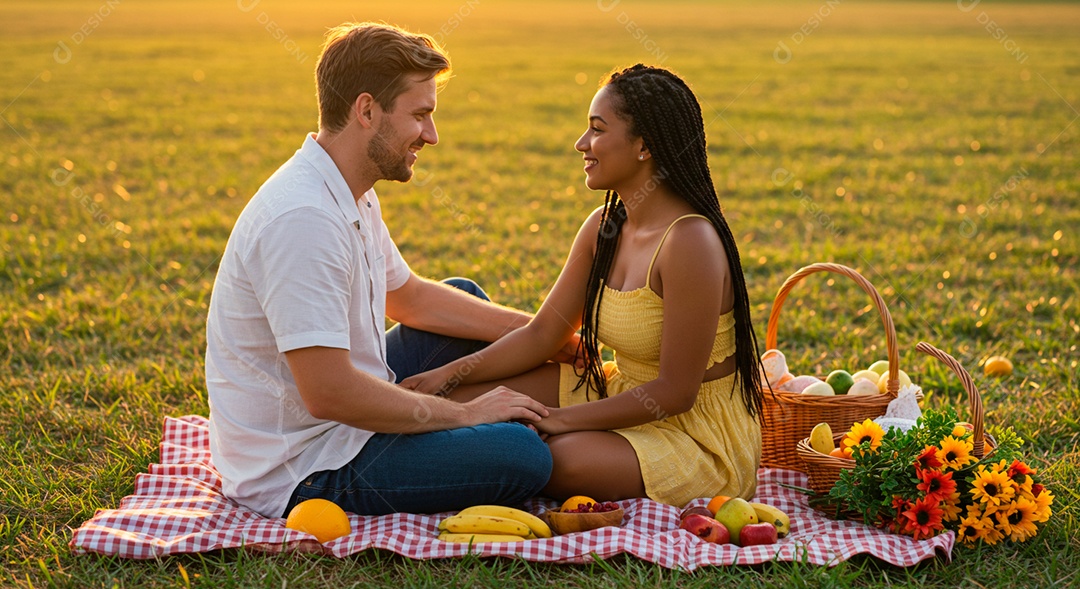 Lindo casal felizes em um parque fazendo piquenique