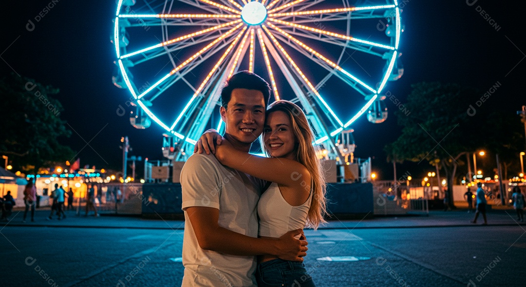 Lindo casal felizes em um parque de diversão