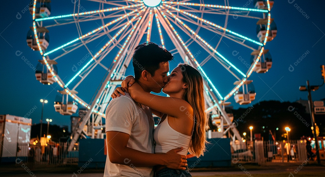 Lindo casal felizes em um parque de diversão