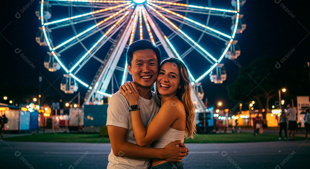 Lindo casal felizes em um parque de diversão