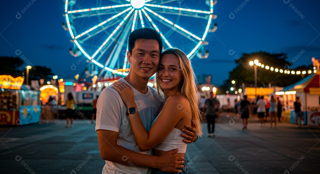 Lindo casal felizes em um parque de diversão