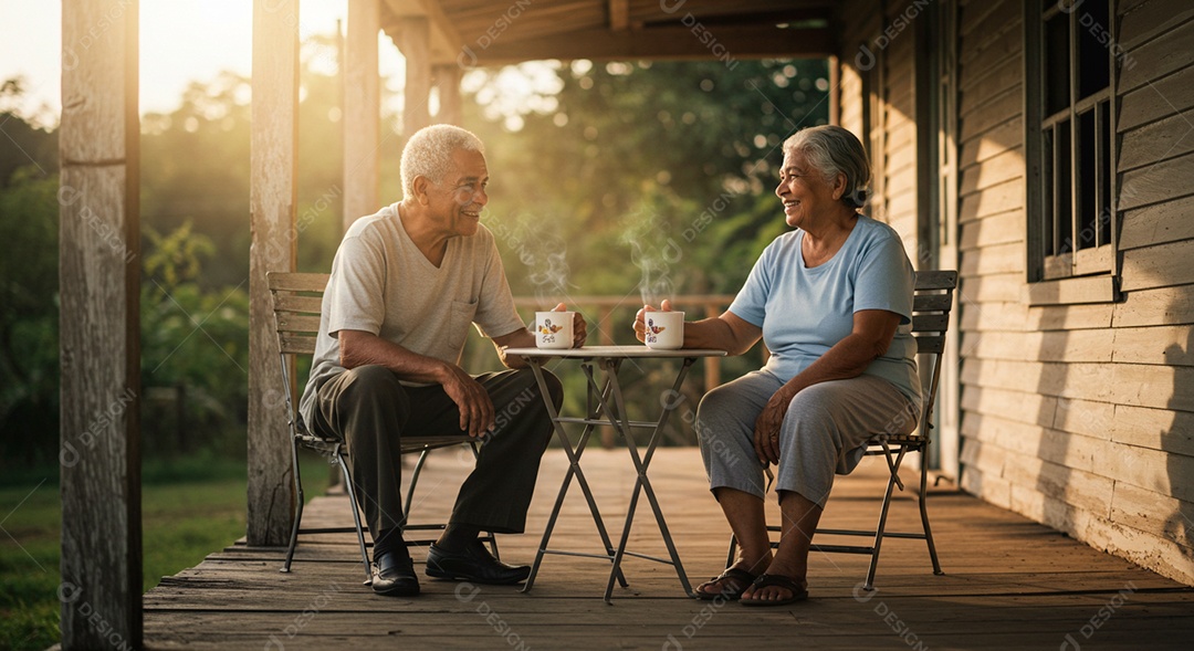Lindo casal de idosos felizes em uma fazenda sentados em uma cadeira