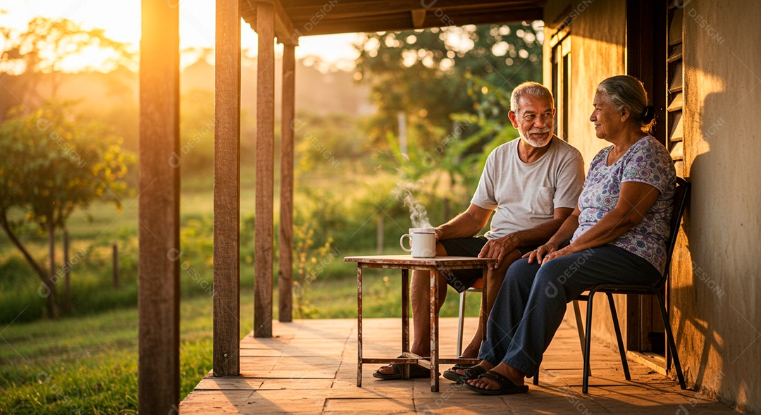 Lindo casal de idosos felizes em uma fazenda sentados em uma cadeira