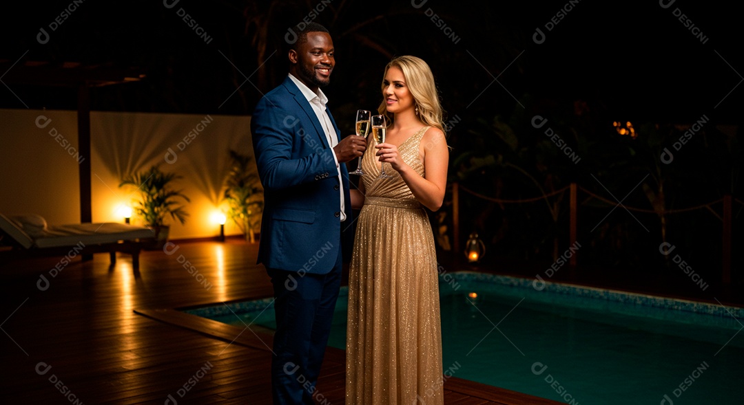 Lindo casal felizes em uma linda casa na beira de uma piscina