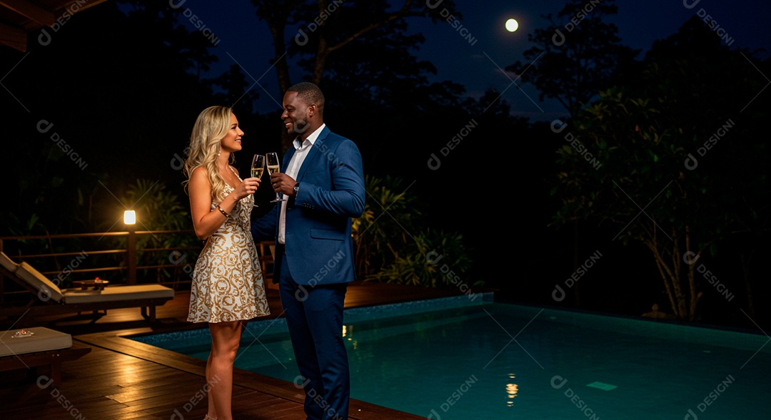 Lindo casal felizes em uma linda casa na beira de uma piscina