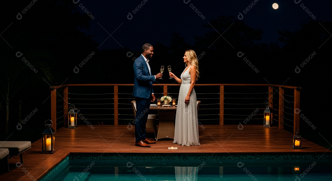 Lindo casal felizes em uma linda casa na beira de uma piscina