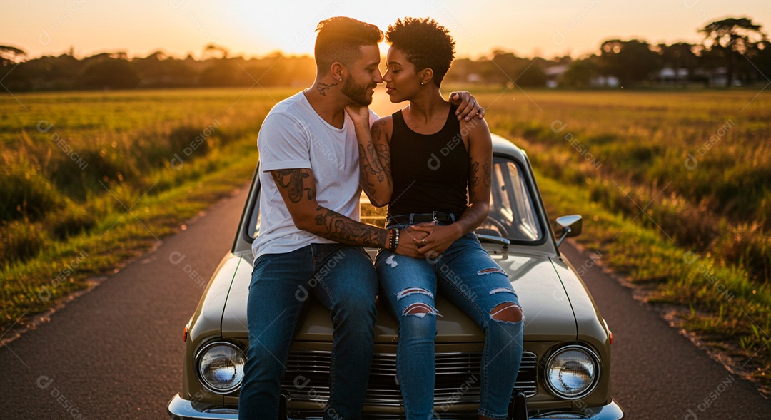 Lindo casal felizes frente a um carro sobre uma estrada