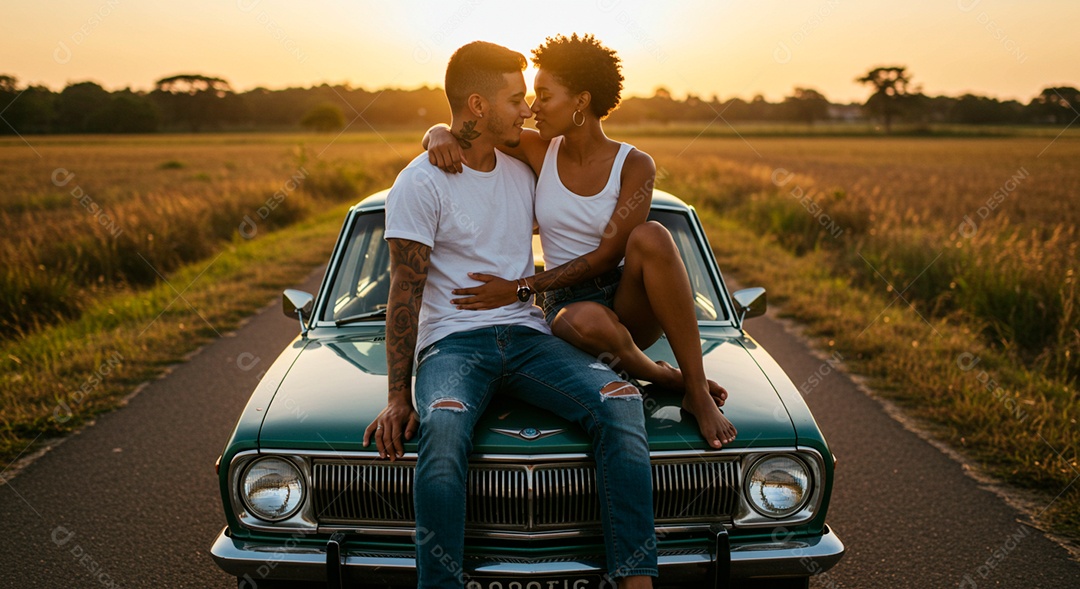 Lindo casal frente a um carro sobre uma estrada