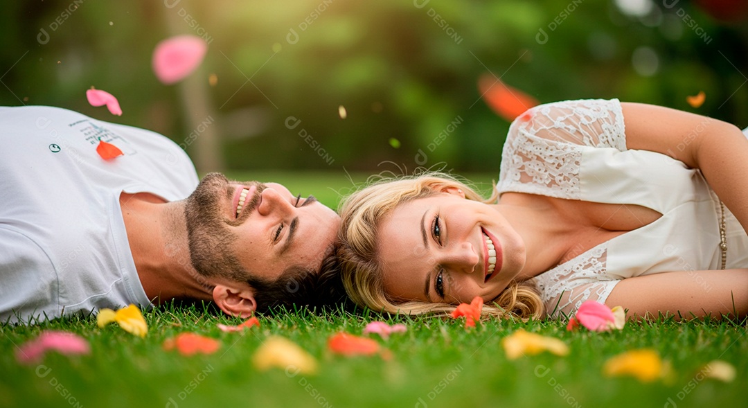 Lindo casal felizes deitados em uma grama em um parque