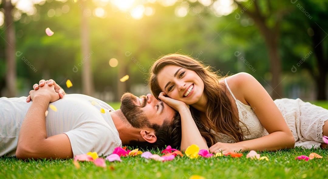 Lindo casal felizes deitados em uma grama em um parque