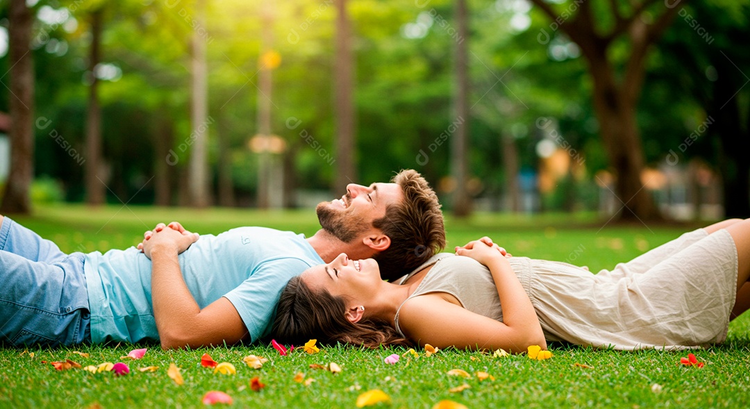 Lindo casal felizes deitados em uma grama em um parque