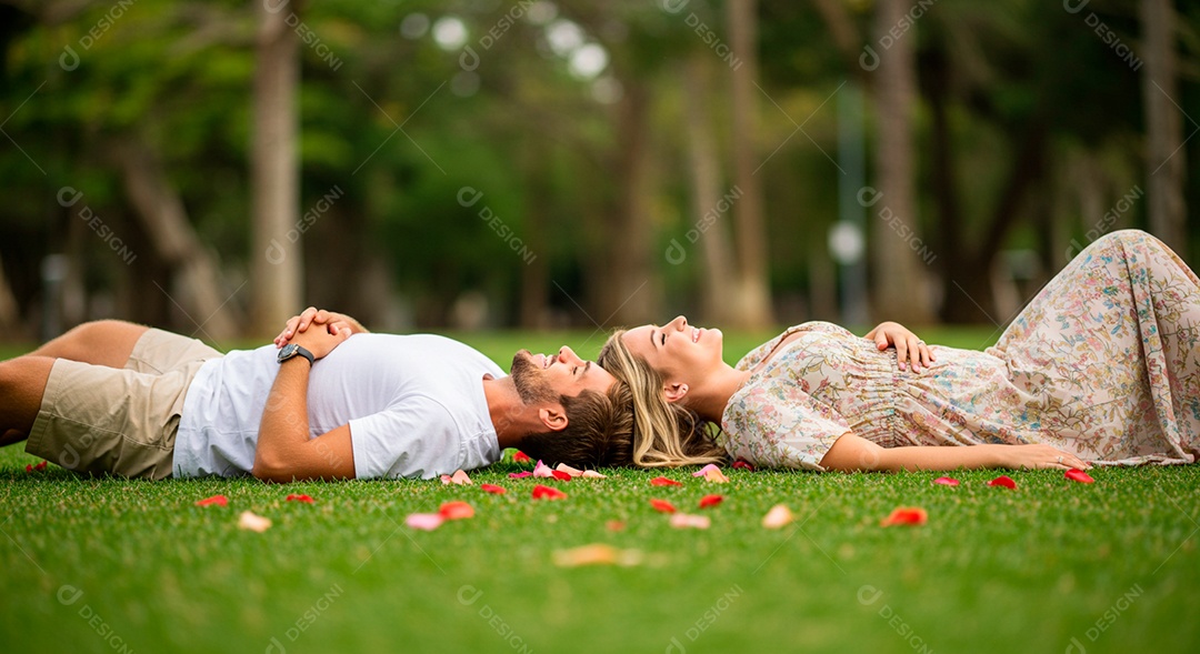 Lindo casal felizes deitado em uma grama em um parque