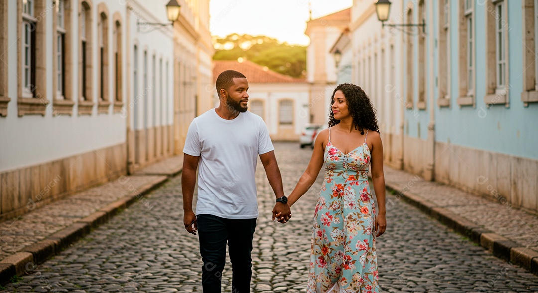 Lindo casal felizes caminhando em uma rua