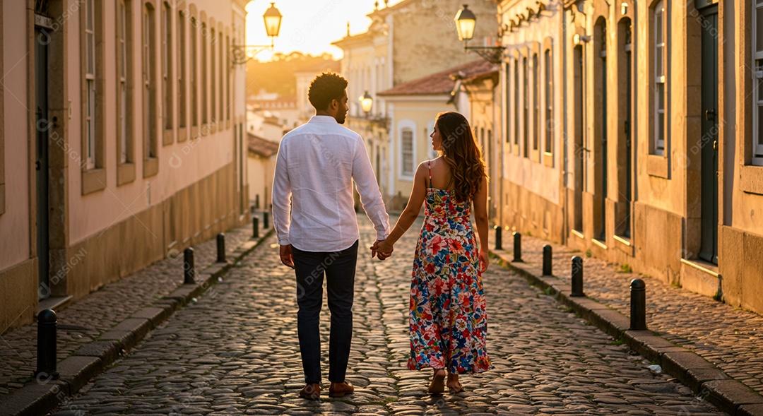 Lindo casal felizes caminhando em uma rua