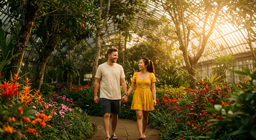 Lindo casal felizes passeando em uma floresta
