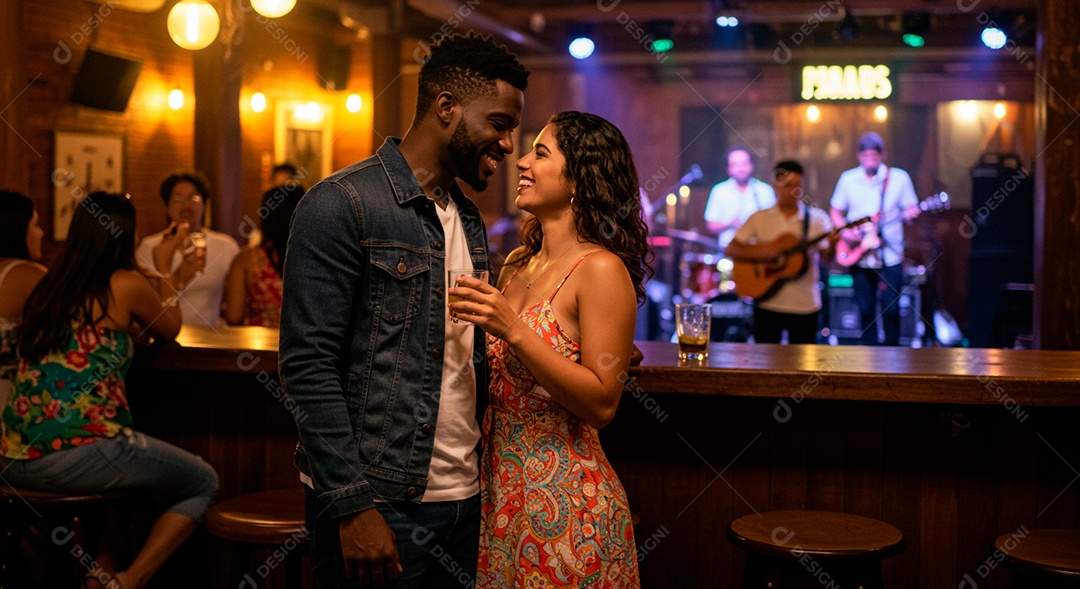 Lindo casal felizes em um bar