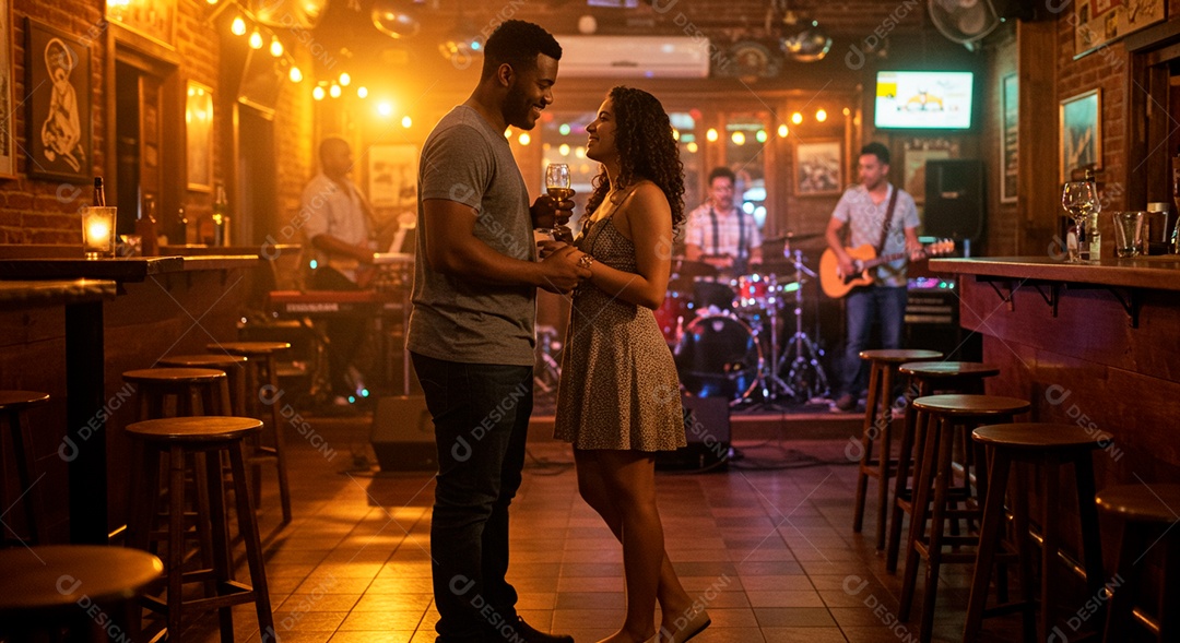 Lindo casal felizes em um bar