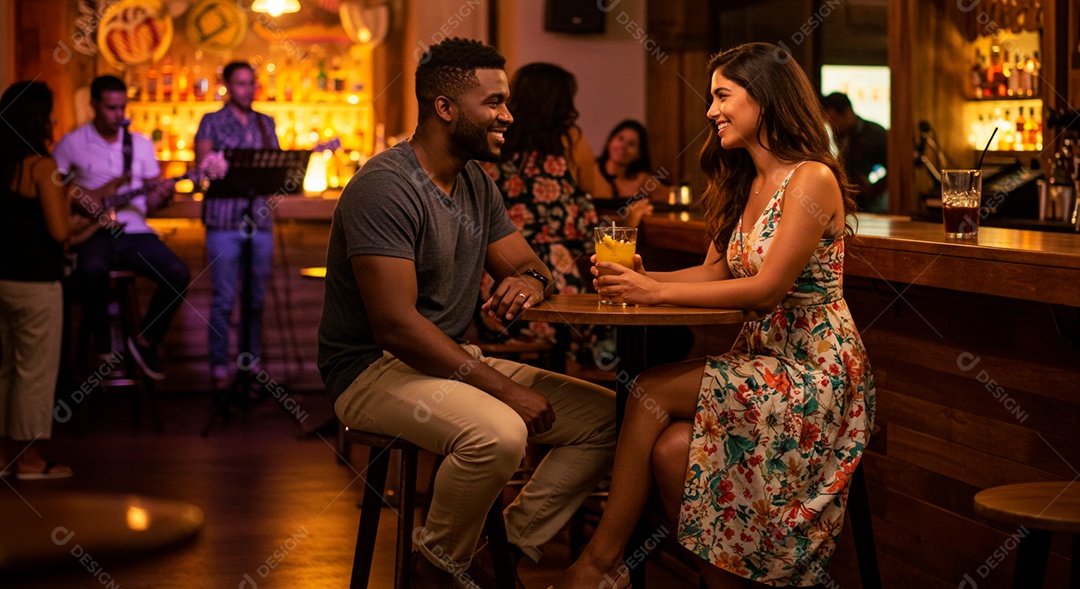 Lindo casal felizes em um bar