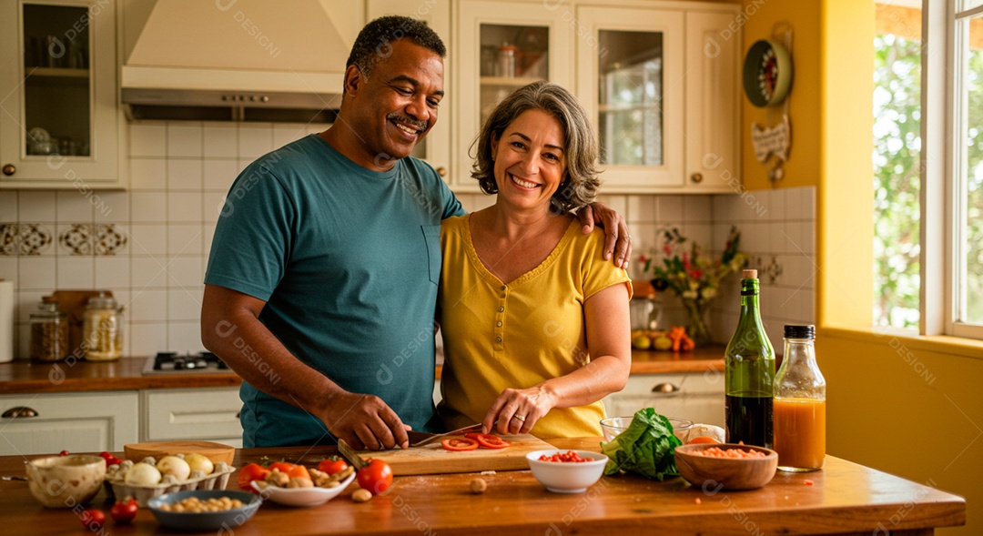 Lindo casal felizes em uma cozinha