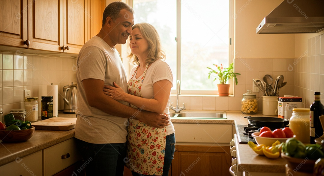 Lindo casal felizes em uma cozinha fazendo comida juntos