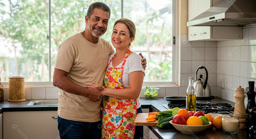 Lindo casal felizes em uma cozinha
