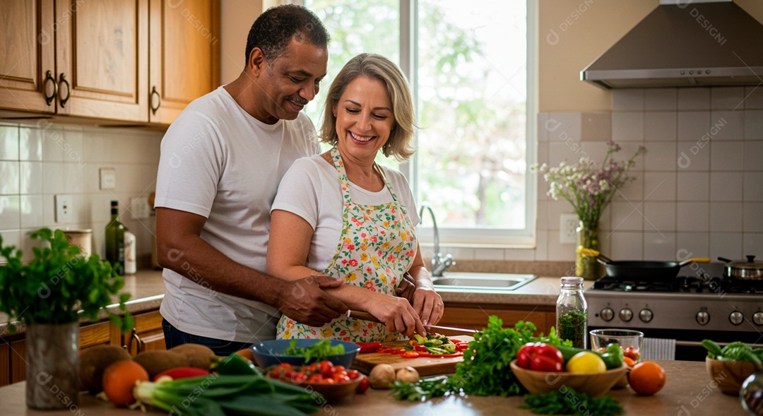 Lindo casal felizes em uma cozinha fazendo comida juntos