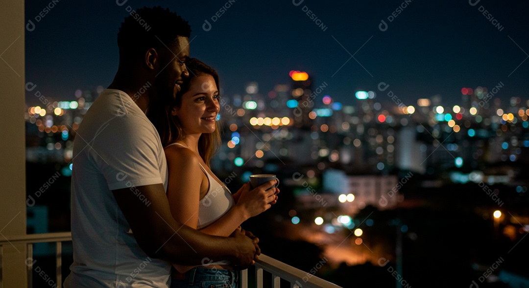 Lindo casal felizes em um terraço em uma noite romântica