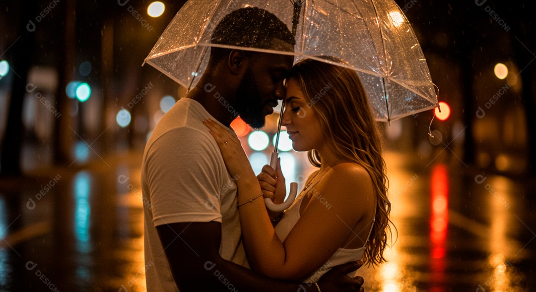 Lindo casal felizes jovens usando guarda chuva sobre uma rua chovendo