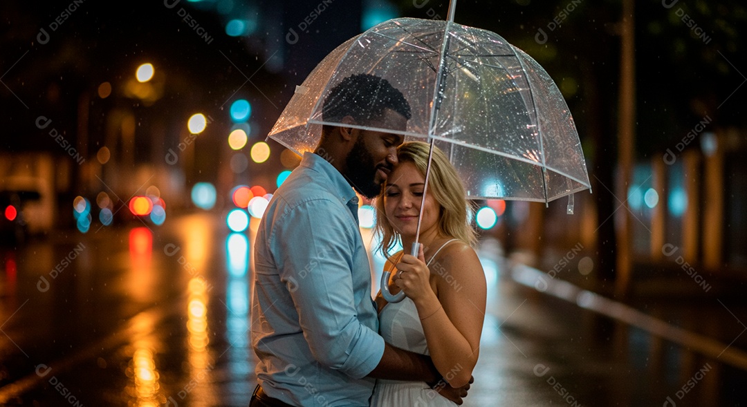 Lindo casal felizes jovens usando guarda chuva sobre uma rua