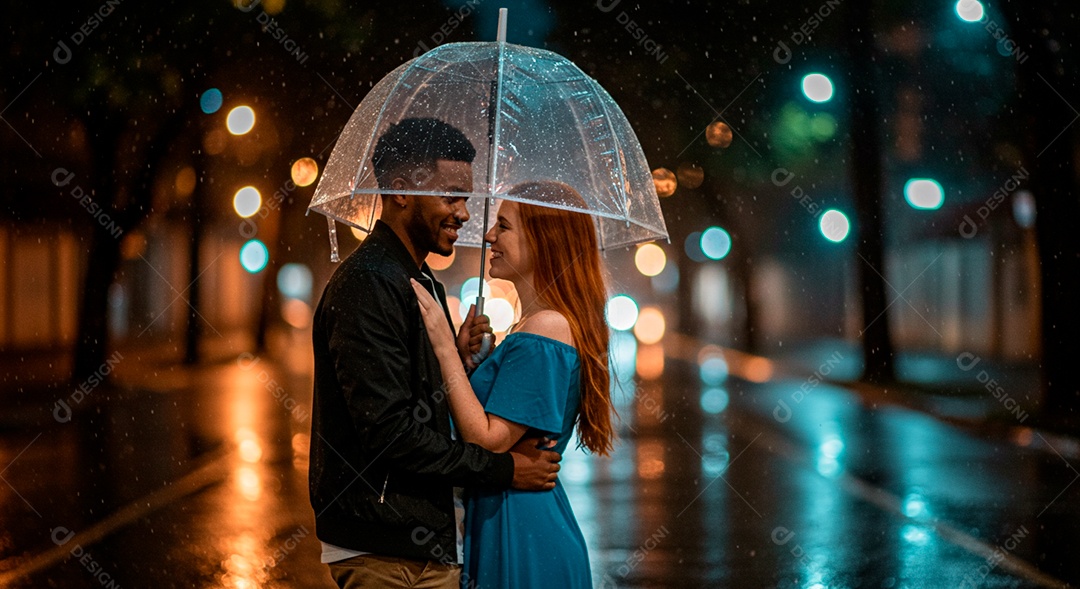 Lindo casal felizes jovens usando guarda chuva sobre uma rua
