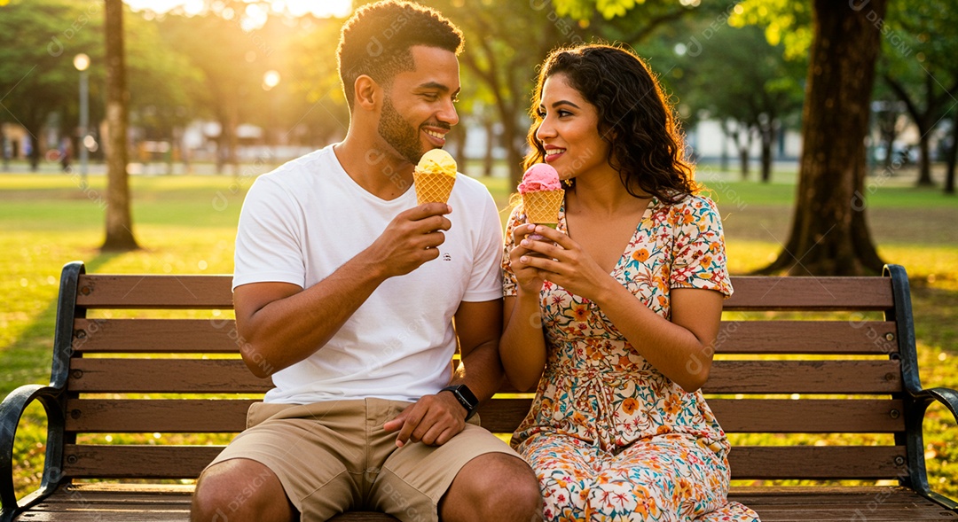Lindo casal felizes jovens sobre parque sentando sobre banco de madeira