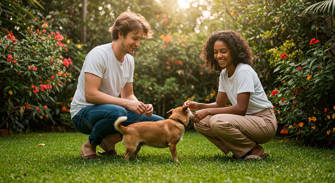 Lindo casal felizes brincando com cachorro sobre parque