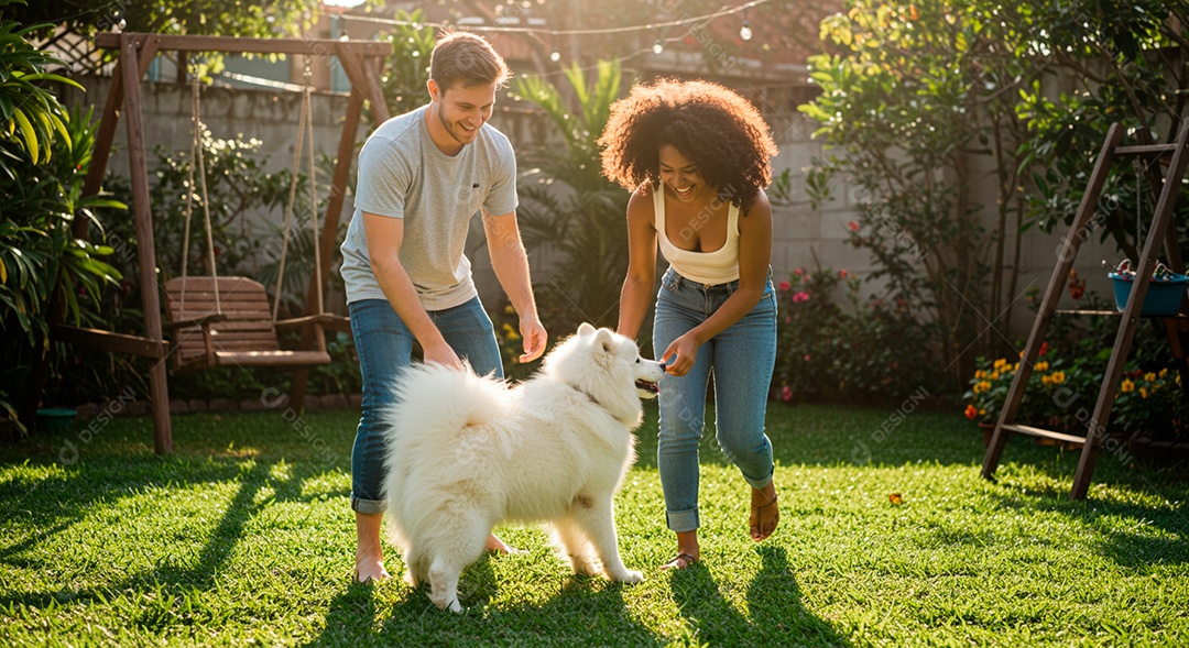 Lindo casal felizes brincando com cachorro sobre parque