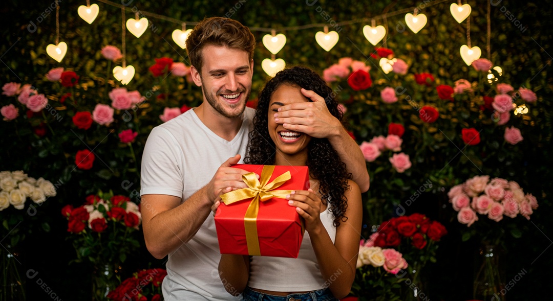 Lindo casal felizes se preseteando em aniversário de namoro