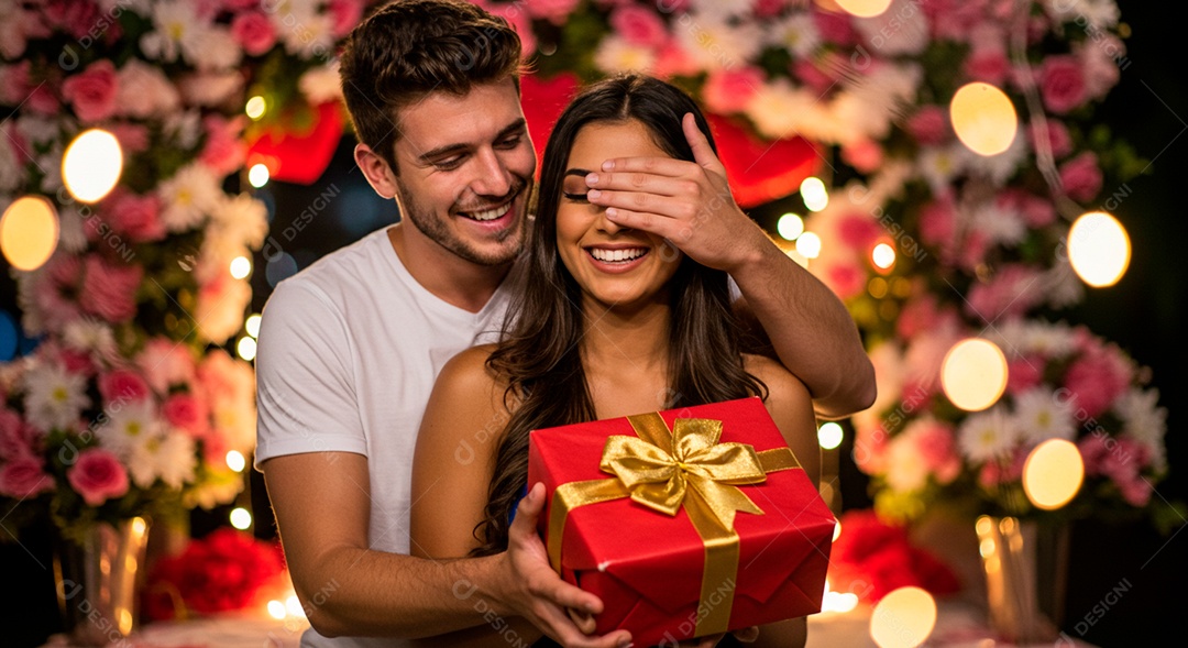 Lindo casal felizes jovens homem presenteando sua mulher data comemorativa