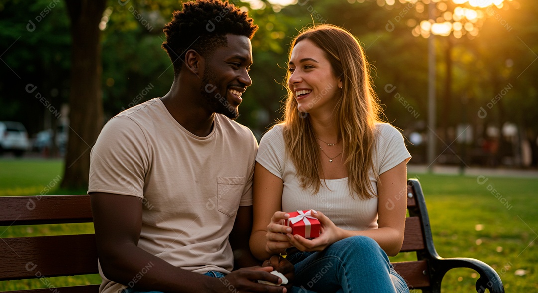 Lindo casal felizes jovens sobre parque sentando sobre banco de madeira