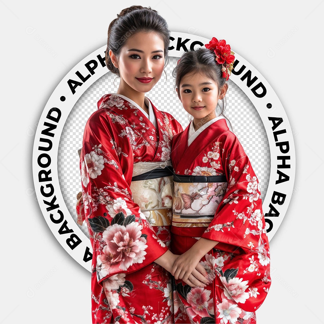 Personagem 3D Mãe e Filha Vestindo Quinomo Para Composição PSD