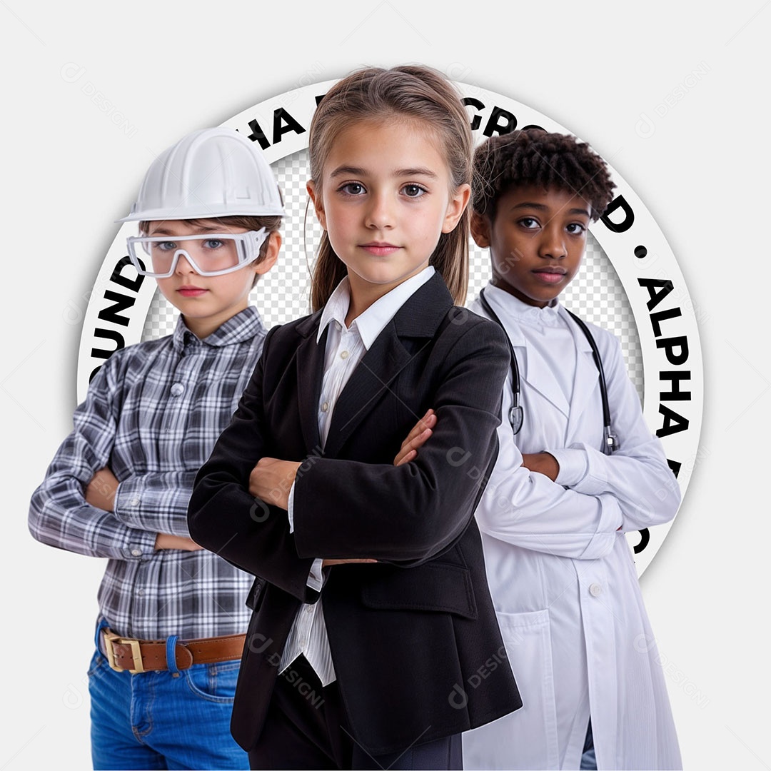 Personagem 3D Três Crianças Vestidas como Profissionais Para Composição PSD