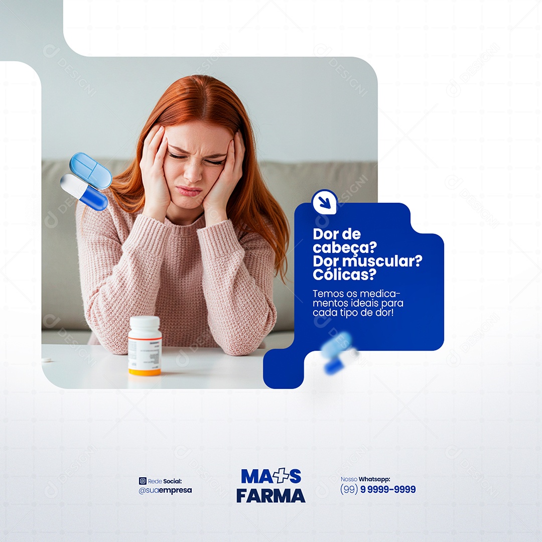 Feed Farmácia Dor de Cabeça Dor Muscular Social Media PSD Editável