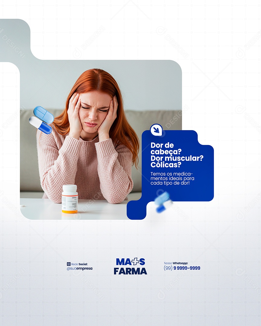 Flyer Farmácia Dor de Cabeça Dor Muscular Social Media PSD Editável
