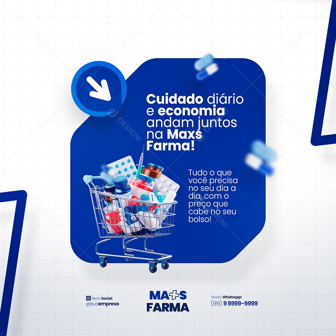 Flyer Farmácia Cuidado Diário e Economia Social Media PSD Editável